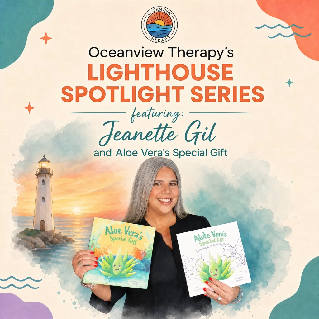 Jeanette Gil holding Aloe Vera's Special Gift book and activity book, featured guest on Oceanview Therapy's Lighthouse Spotlight Series