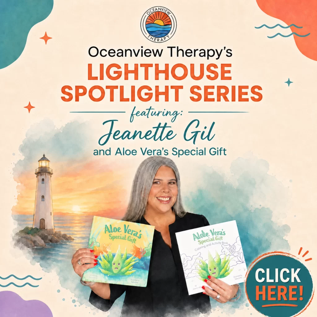 Jeanette Gil holding Aloe Vera's Special Gift book and activity book, featured guest on Oceanview Therapy's Lighthouse Spotlight Series