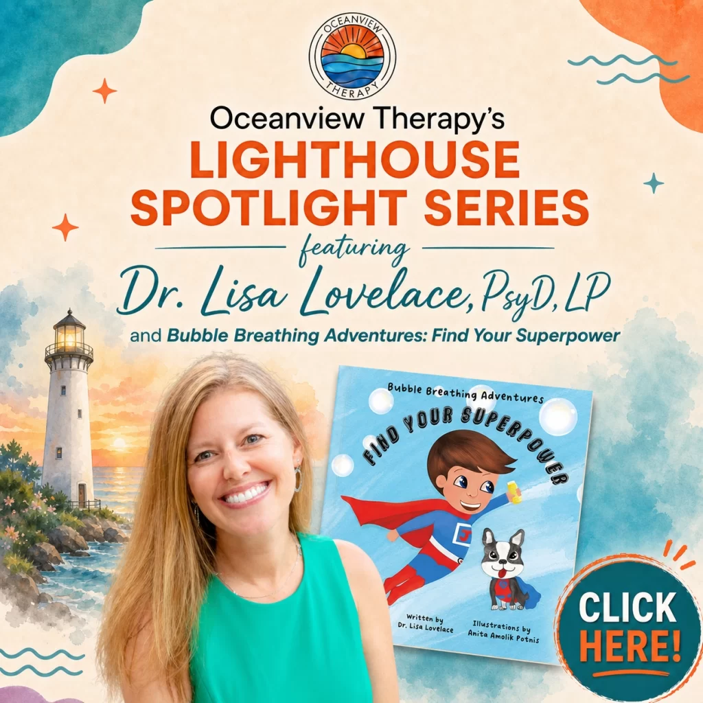 Dr. Lisa Lovelace, PsyD, LP, with an image of her book "Bubble Breathing Adventures: Find Your Superpower" which focuses on emotional regulation for kids, bubble breathing techniques, and helping children find their superpower.